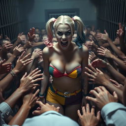 A striking scene set in a crowded prison environment featuring a terrified Harley Quinn, dressed in a strapless, colorful bikini that emphasizes her big breasts and showcases her cleavage with a small bra