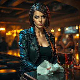 A mean-looking woman at a bar, sitting alone on a high stool with a slight scowl on her face
