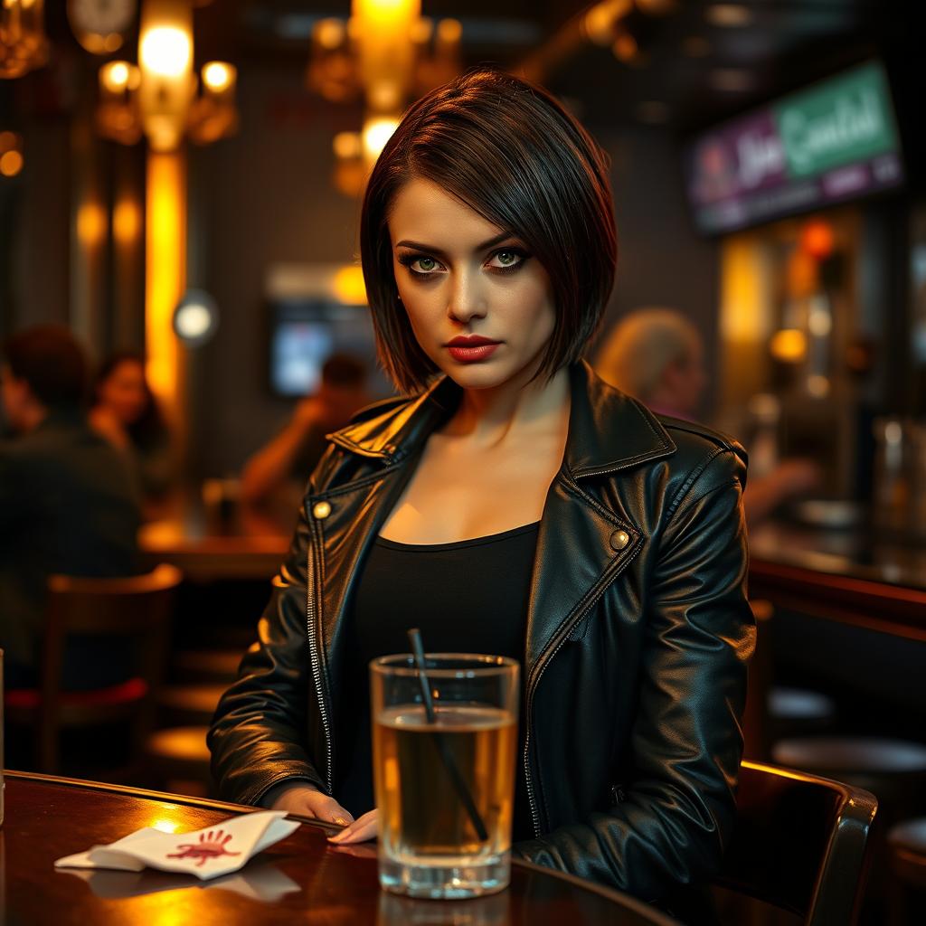 A mean-looking woman at a bar, sitting alone on a high stool with a slight scowl on her face