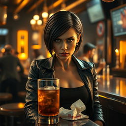 A mean-looking woman at a bar, sitting alone on a high stool with a slight scowl on her face