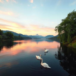 A beautiful, serene landscape featuring a tranquil lake surrounded by lush green trees and mountains in the background