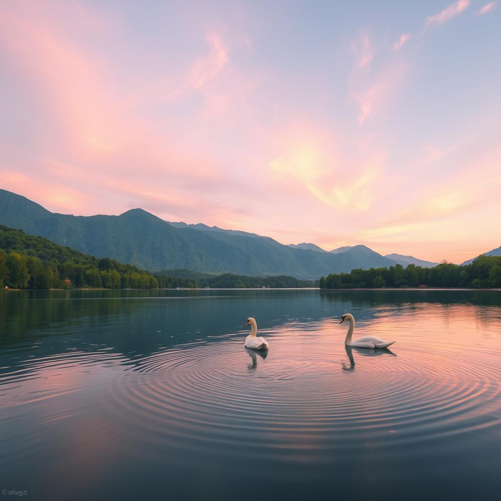 A beautiful, serene landscape featuring a tranquil lake surrounded by lush green trees and mountains in the background