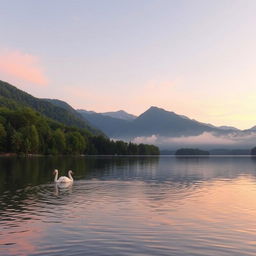 A beautiful, serene landscape featuring a tranquil lake surrounded by lush green trees and mountains in the background