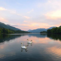 A beautiful, serene landscape featuring a tranquil lake surrounded by lush green trees and mountains in the background