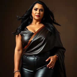 A mature, voluptuous woman with long, flowing black hair, showcasing her confidence and allure