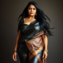 A mature, voluptuous woman with long, flowing black hair, showcasing her confidence and allure