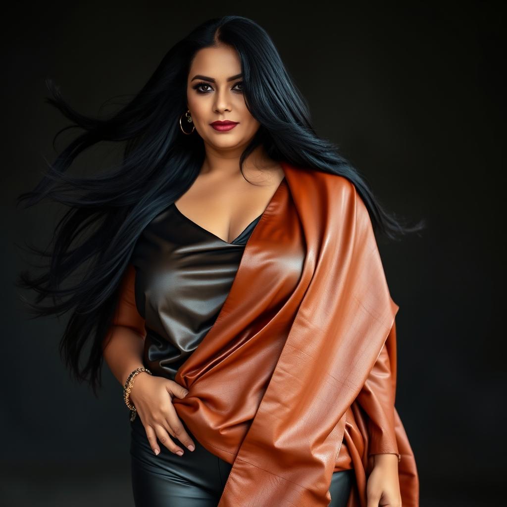 A mature, voluptuous woman with long, flowing black hair, showcasing her confidence and allure