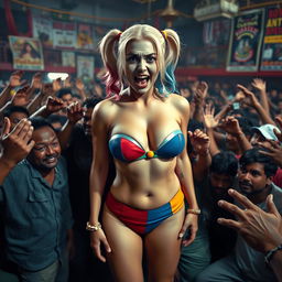 A dramatic scene set in a cheap, crowded Indian wrestling gym featuring a terrified Harley Quinn, wearing a strapless, colorful bikini that showcases her big breasts and prominent cleavage with a small bra