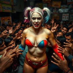A dramatic scene set in a cheap, crowded Indian wrestling gym featuring a terrified Harley Quinn, wearing a strapless, colorful bikini that showcases her big breasts and prominent cleavage with a small bra