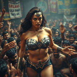 A dramatic scene set in a cheap, crowded Indian wrestling gym featuring a terrified Wonder Woman, wearing a strapless bikini that highlights her big breasts and showcases her cleavage with a small bra