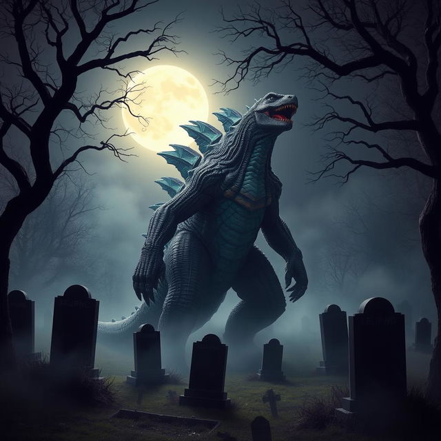 A giant monster standing in an eerie cemetery, surrounded by mist and ancient tombstones