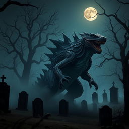 A giant monster standing in an eerie cemetery, surrounded by mist and ancient tombstones