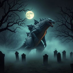 A giant monster standing in an eerie cemetery, surrounded by mist and ancient tombstones