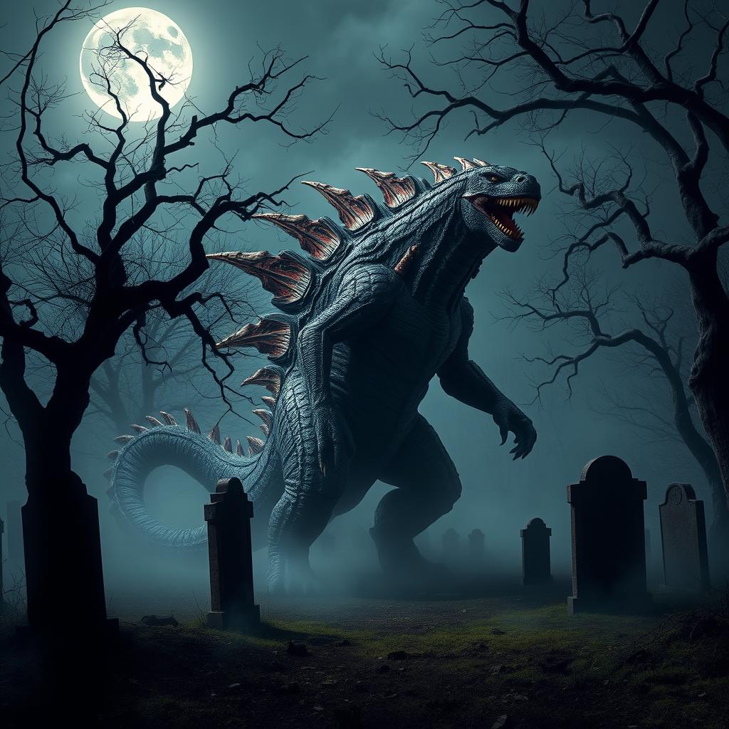 A giant monster standing in an eerie cemetery, surrounded by mist and ancient tombstones