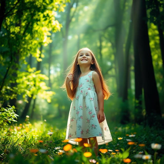 A girl standing in a vibrant green forest, surrounded by tall trees and dappled sunlight filtering through the leaves