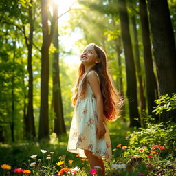 A girl standing in a vibrant green forest, surrounded by tall trees and dappled sunlight filtering through the leaves
