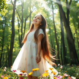 A girl standing in a vibrant green forest, surrounded by tall trees and dappled sunlight filtering through the leaves