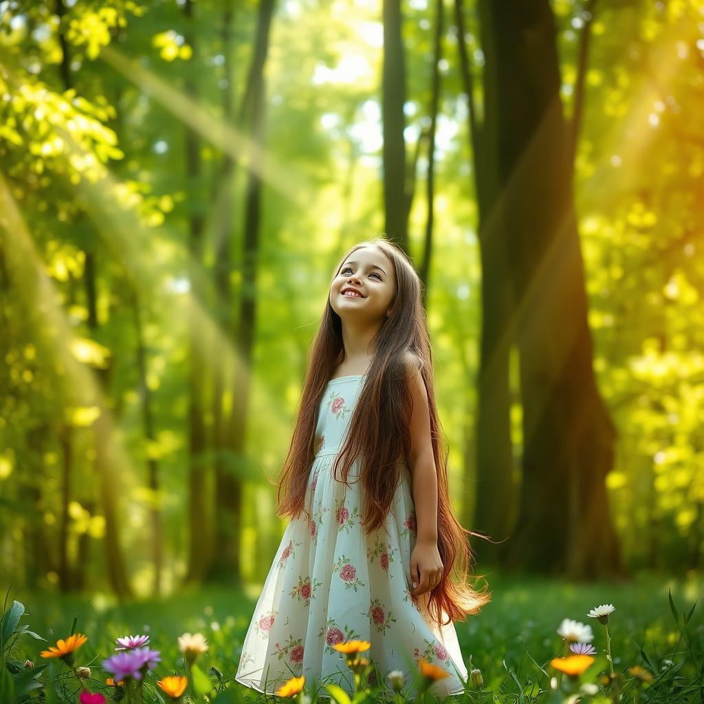 A girl standing in a vibrant green forest, surrounded by tall trees and dappled sunlight filtering through the leaves