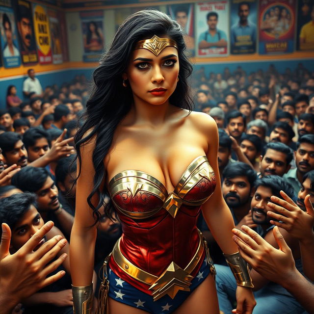 In a crowded Indian wrestling gym, a sad Wonder Woman is depicted wearing a strapless bikini that accentuates her big breasts and showcases her cleavage with a small bra