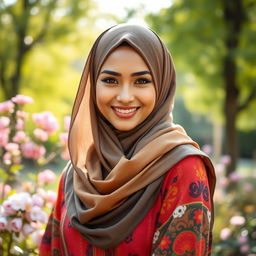A beautiful woman wearing a stylish hijab that elegantly frames her face