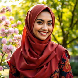 A beautiful woman wearing a stylish hijab that elegantly frames her face