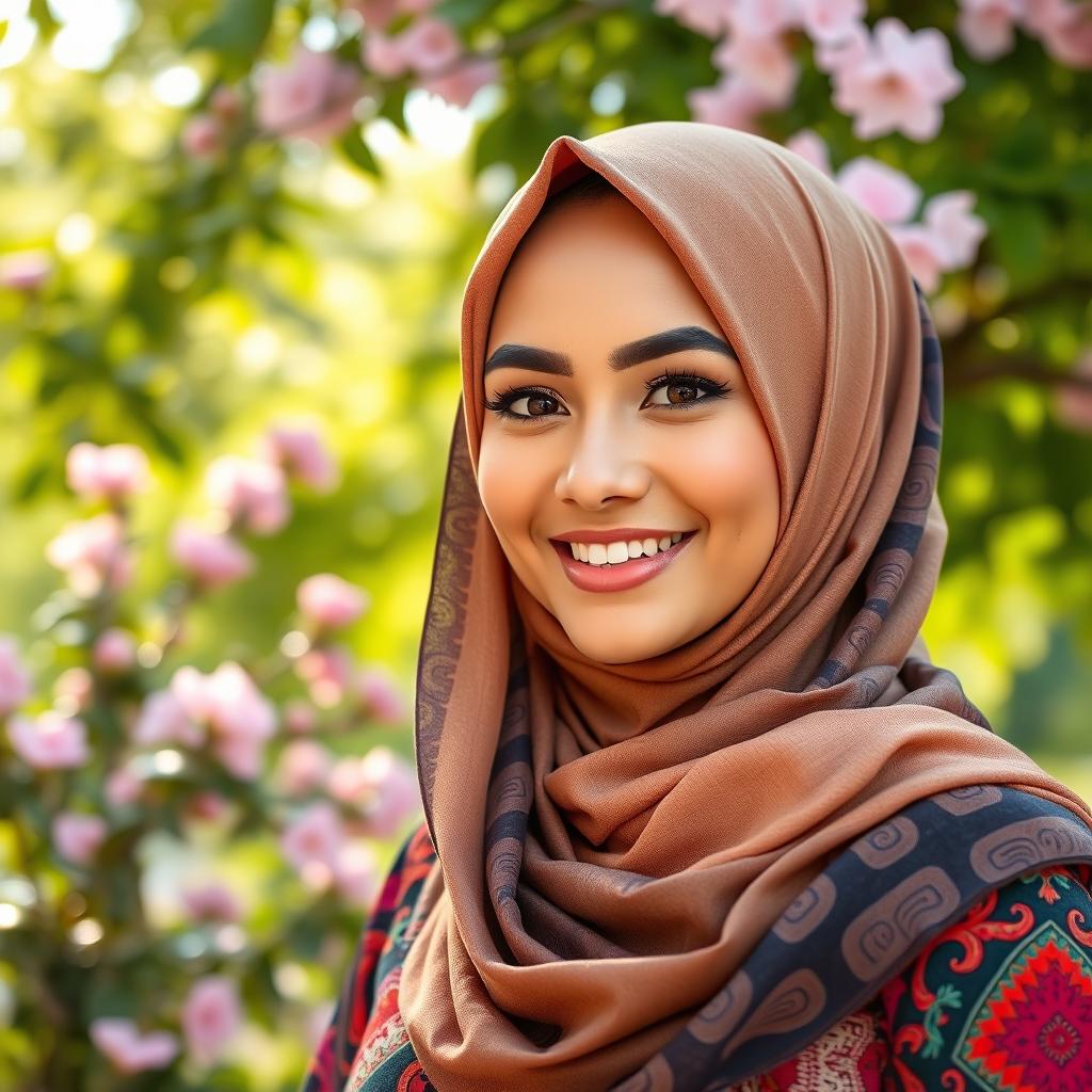 A beautiful woman wearing a stylish hijab that elegantly frames her face