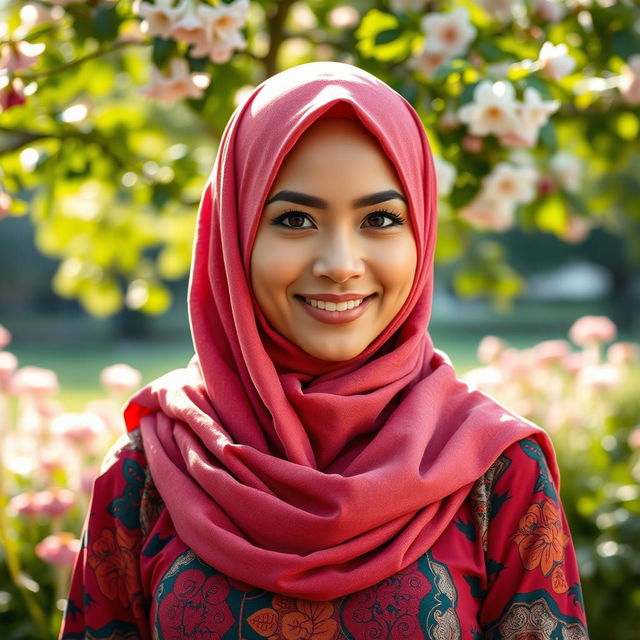 A beautiful woman wearing a stylish hijab that elegantly frames her face