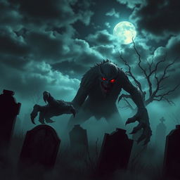 A terrifying monster lurking in a dark, eerie graveyard, surrounded by tombstones and mist