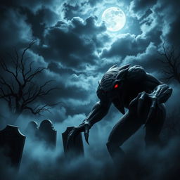 A terrifying monster lurking in a dark, eerie graveyard, surrounded by tombstones and mist