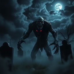 A terrifying monster lurking in a dark, eerie graveyard, surrounded by tombstones and mist