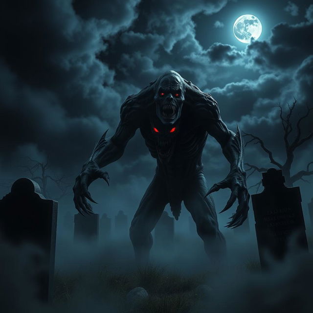 A terrifying monster lurking in a dark, eerie graveyard, surrounded by tombstones and mist