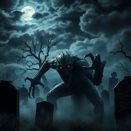 A terrifying monster lurking in a dark, eerie graveyard, surrounded by tombstones and mist
