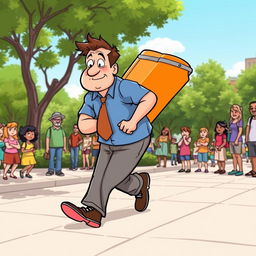 A comical scene depicting a clumsy stretcher bearer struggling to carry a stretcher