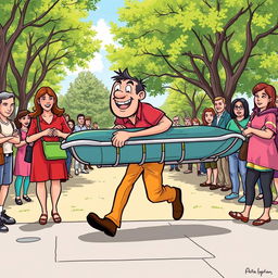 A comical scene depicting a clumsy stretcher bearer struggling to carry a stretcher