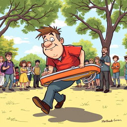 A comical scene depicting a clumsy stretcher bearer struggling to carry a stretcher