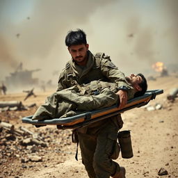 A dedicated stretcher bearer in military attire, focused and determined, carrying a wounded soldier on a stretcher through a rugged battlefield landscape