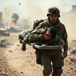 A dedicated stretcher bearer in military attire, focused and determined, carrying a wounded soldier on a stretcher through a rugged battlefield landscape