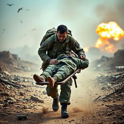 A dedicated stretcher bearer in military attire, focused and determined, carrying a wounded soldier on a stretcher through a rugged battlefield landscape