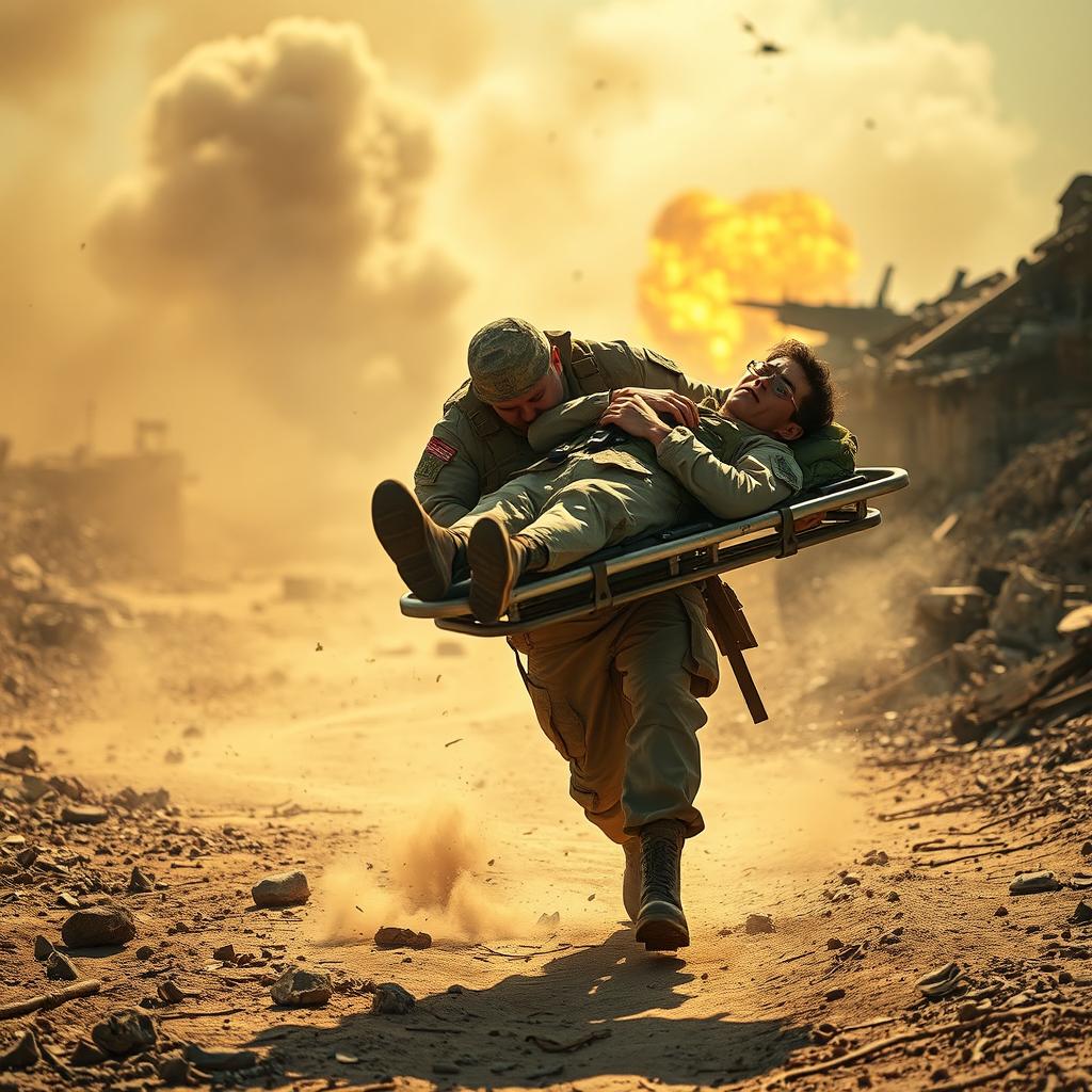 A dedicated stretcher bearer in military attire, focused and determined, carrying a wounded soldier on a stretcher through a rugged battlefield landscape