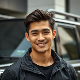 A young and stylish man with a medium to tall stature, featuring eyebrows that are moderately arched, slightly rounded yet not overly straight