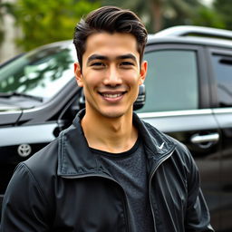 A young and stylish man with a medium to tall stature, featuring eyebrows that are moderately arched, slightly rounded yet not overly straight