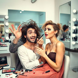A humorous scene featuring a clumsy makeup artist in a brightly lit studio