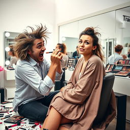 A humorous scene featuring a clumsy makeup artist in a brightly lit studio