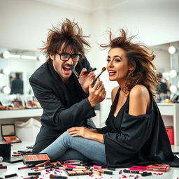 A humorous scene featuring a clumsy makeup artist in a brightly lit studio