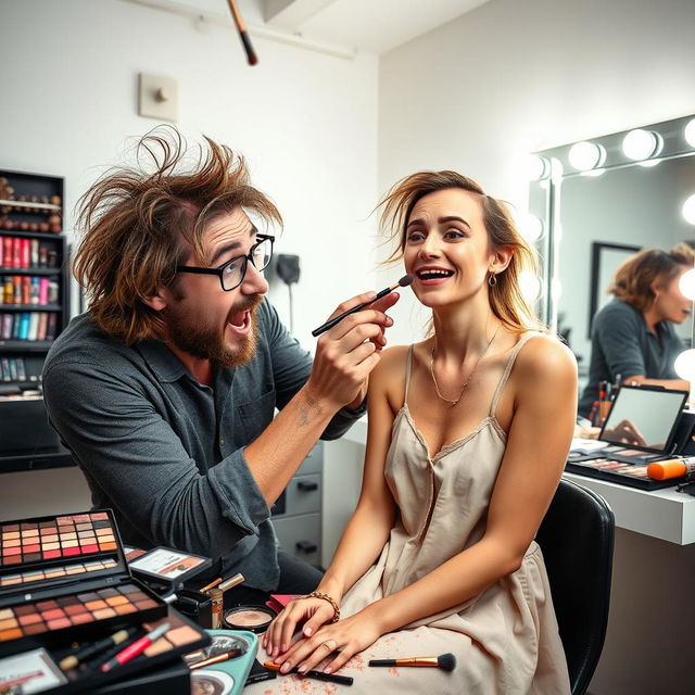 A humorous scene featuring a clumsy makeup artist in a brightly lit studio