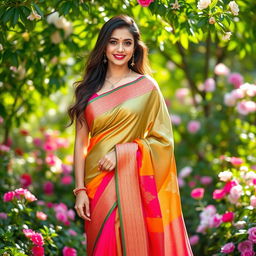 A stunning, elegant woman in a vibrant saree, gracefully dropping her pallu