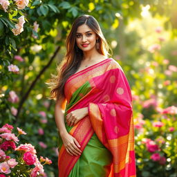 A stunning, elegant woman in a vibrant saree, gracefully dropping her pallu