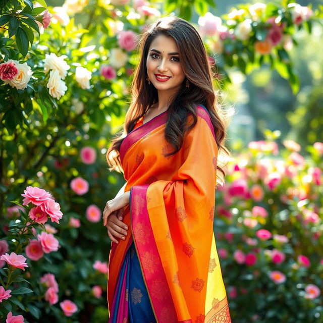 A stunning, elegant woman in a vibrant saree, gracefully dropping her pallu