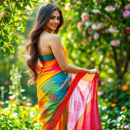 A stunning, elegant woman in a vibrant saree, gracefully dropping her pallu
