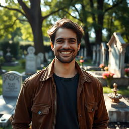 A kind and radiant man standing in a peaceful cemetery, surrounded by beautifully arranged gravestones and soft, dappled sunlight filtering through the trees